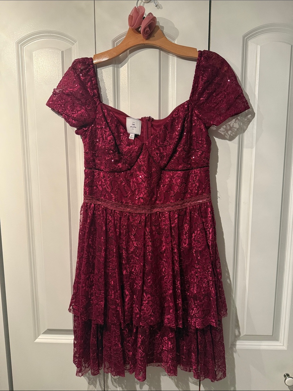 Elegant Girls' Burgundy Lace Party Dress with Short Sleeves